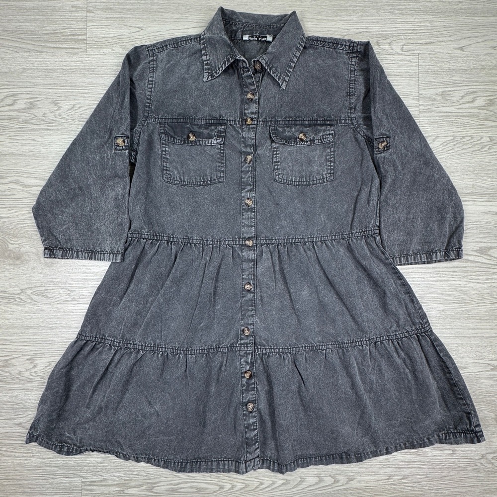 Speed Limit Women's Denim‎ Dress Tiered Button Front Acid Wash Gray S 3/4 Sleeve
